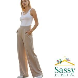 SPANX AirPique Wide Leg Pants Ashwood Beige White Piping Size L Relaxed Fit